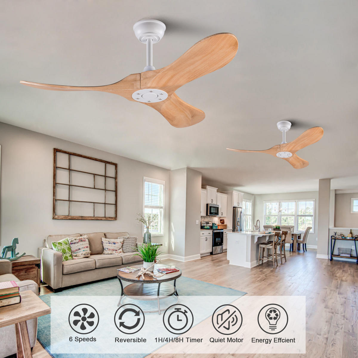 DECKENVENTILATOR 42Zoll Holzflügel Naturholz Design Fernbedienung - Weiß, Kunststoff (107/107/32cm) - CASIVA