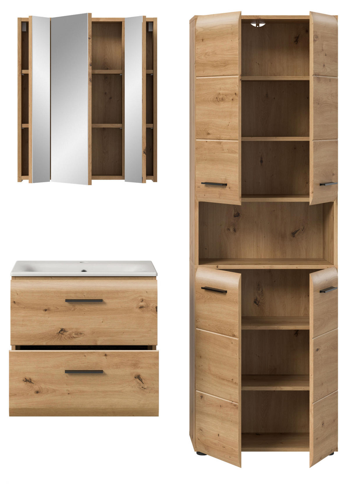 BADMÖBEL-SET 3-teilig in Artisan Eiche, Badkombination mit Waschtisch, 135 x 185 cm Cover - Schwarz/Eiche Artisan, Glas/Keramik (135/185/30cm) - Inn.Furn