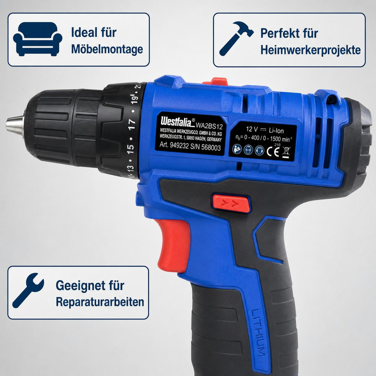 AKKU-BOHRSCHRAUBER 2-Gang 12 Volt WA2BS12 (ohne Akku und Ladegerät) - Blau, Kunststoff (20.5/18.5/5.5cm) - Westfalia