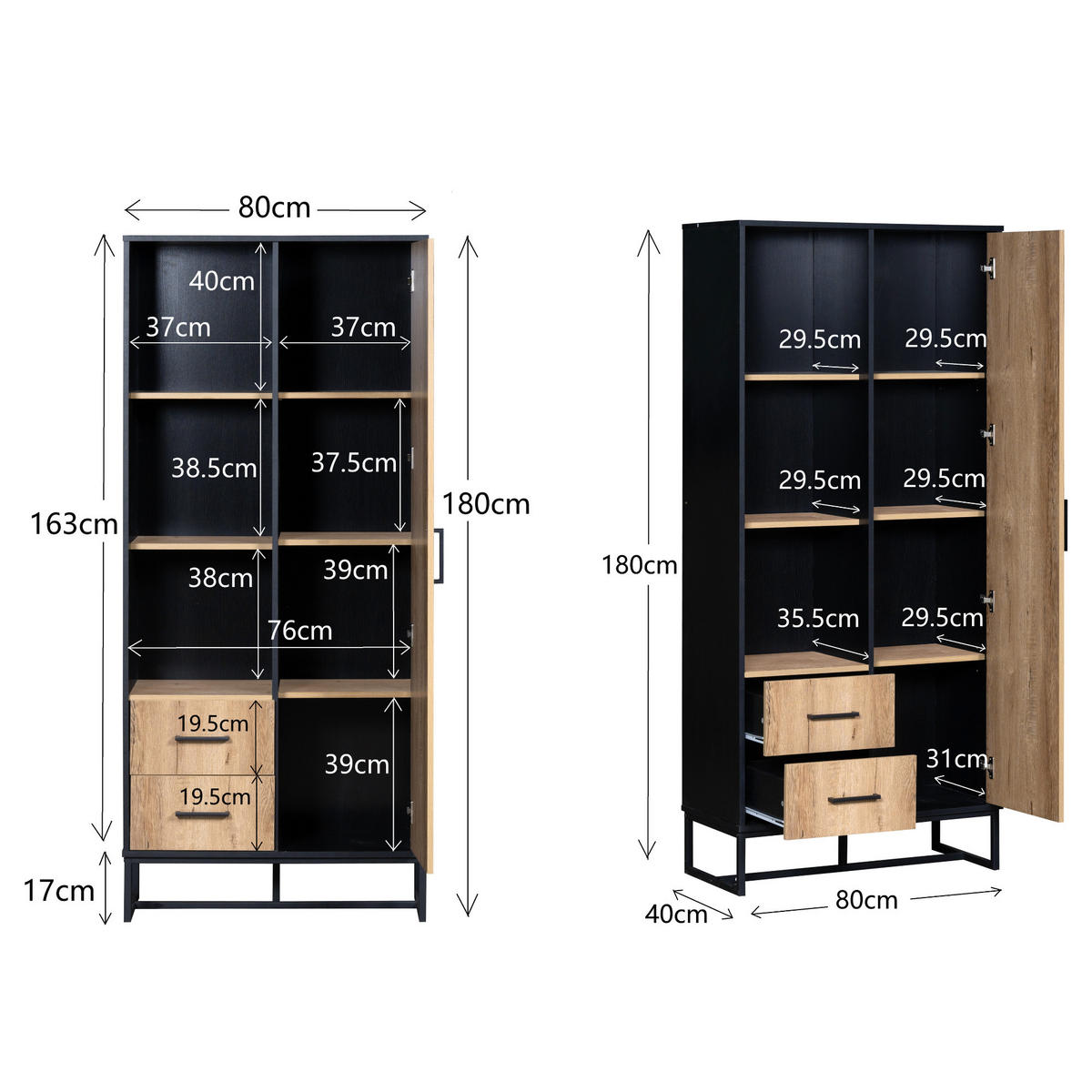 HOCHSCHRANK mit 2 Schubladen und offenen Fächern Schwarz - Schwarz, Holzwerkstoff (40/180/80cm) - Urban Meuble