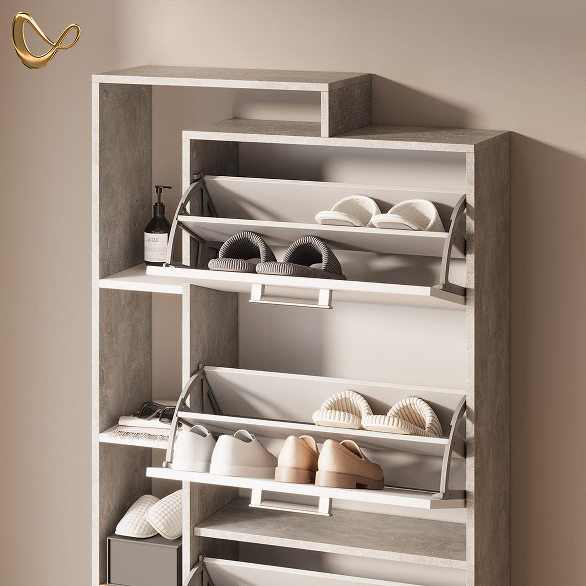 SCHUHKIPPER Ortello Weiß/Beton 80 x 166.1 cm mit 4 Fächern - Weiß/Grau, Holzwerkstoff (80/166.1/24.2cm) - Livinity®