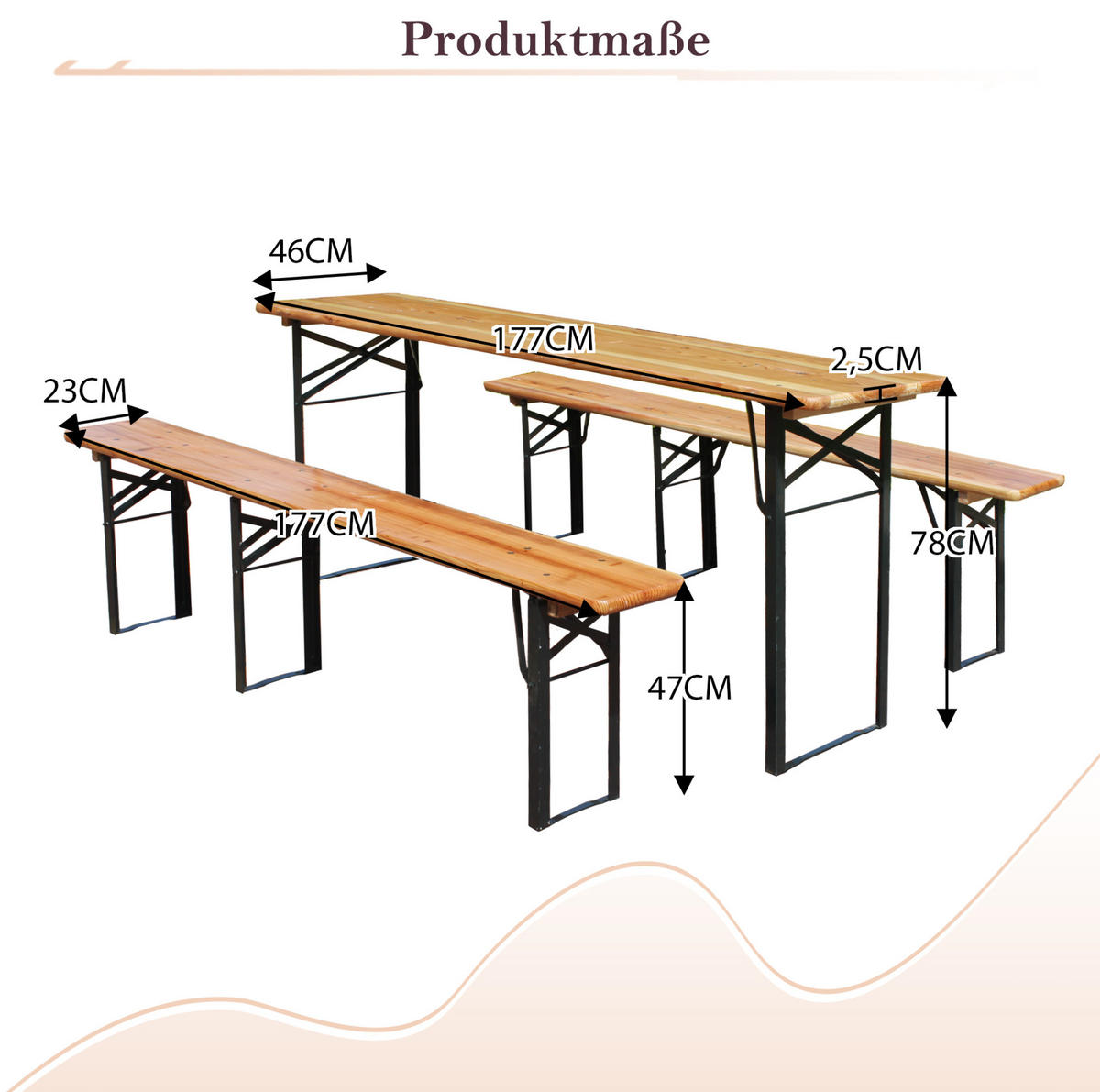 SKLÁDACÍ pivní set 177/46/78 cm přírodní z dřeva a kovu se stolem a 2 lavicemi - hnědá, kov - OKWISH