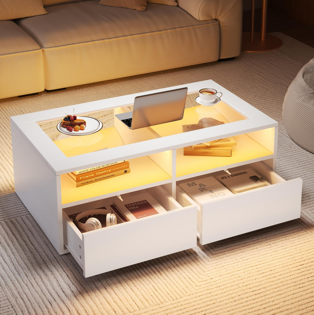 COUCHTISCH 100/50/35 cm weiß aus Glas und Spanplatte mit LED-Licht und 2 Schubladen - Weiß, Glas (100/50/35cm) - OKMYHOME