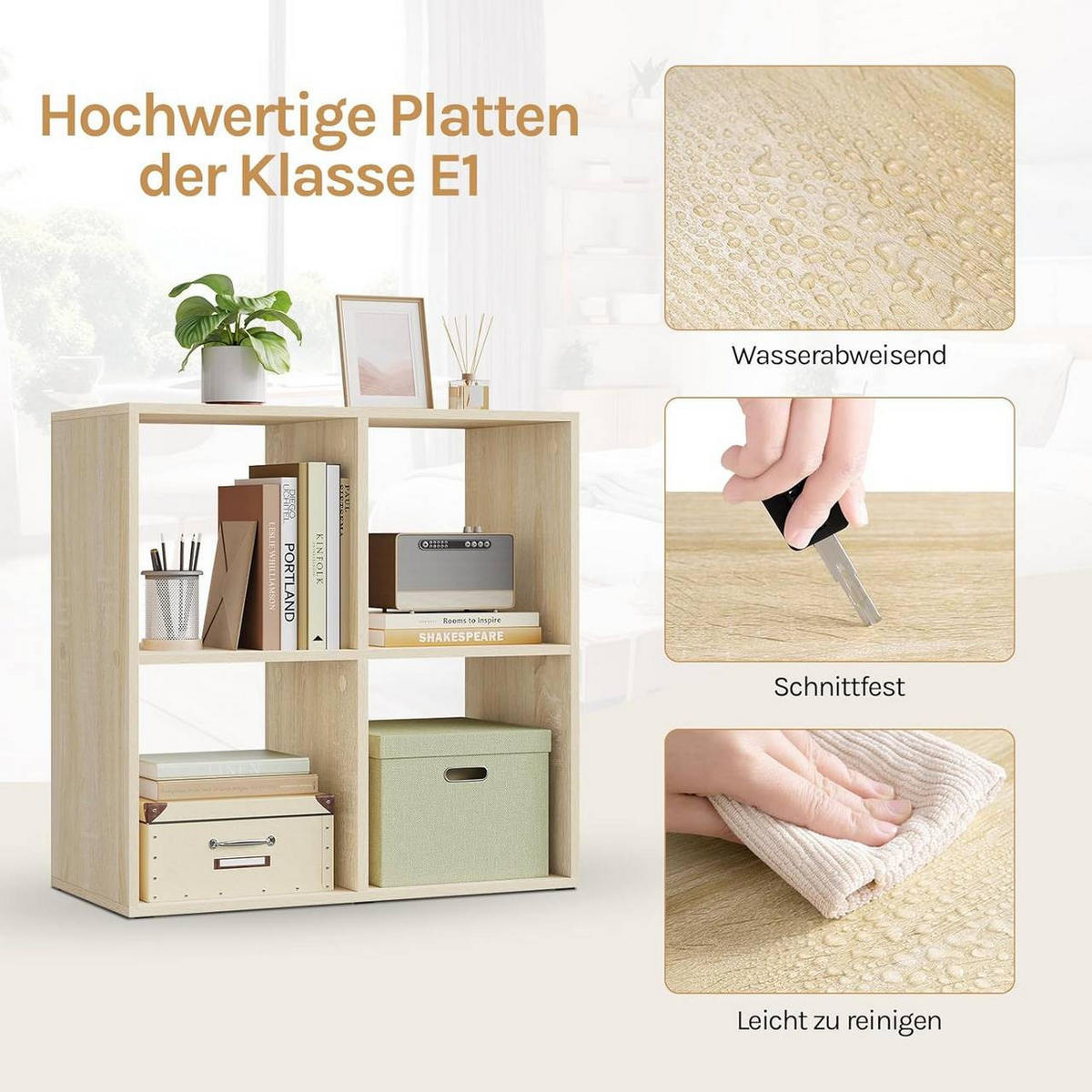 REGALE Bücherregal mit 4 offenen Fächern, 60x60x29 cm, Helle Eiche - Eichefarben, Holzwerkstoff/Kunststoff (60/60/29cm) - Woltu