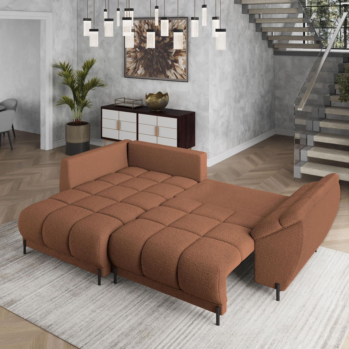ECKSOFA VESTANO L-S Kupferfarben Boucle-Stoff mit Schlaffunktion - Kupferfarben, Holz (287/182cm) - MASSENO