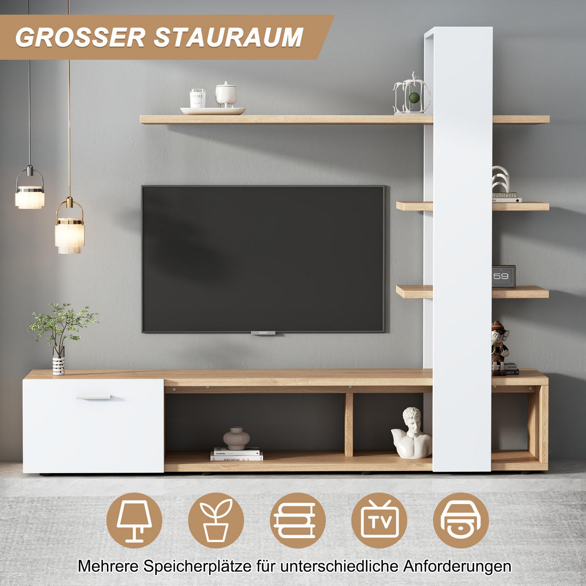 TV-WANDSCHRANK Weiß-Holzoptik aus Spanplatte 180 × 33,5 × 151,5 cm - Weiß, Holzwerkstoff (180/151.5/33.5cm) - Luhomfu