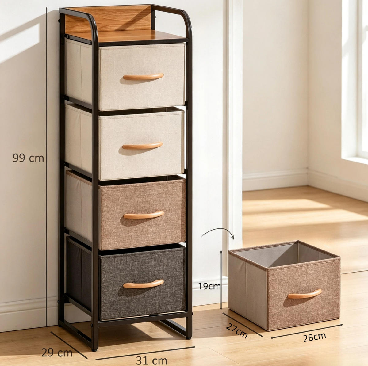 KOMMODE in Beige und Braun 31x29x99 cm mit 4 Stoffschubladen - Beige, Holzwerkstoff (29/99/31cm) - IVMEU