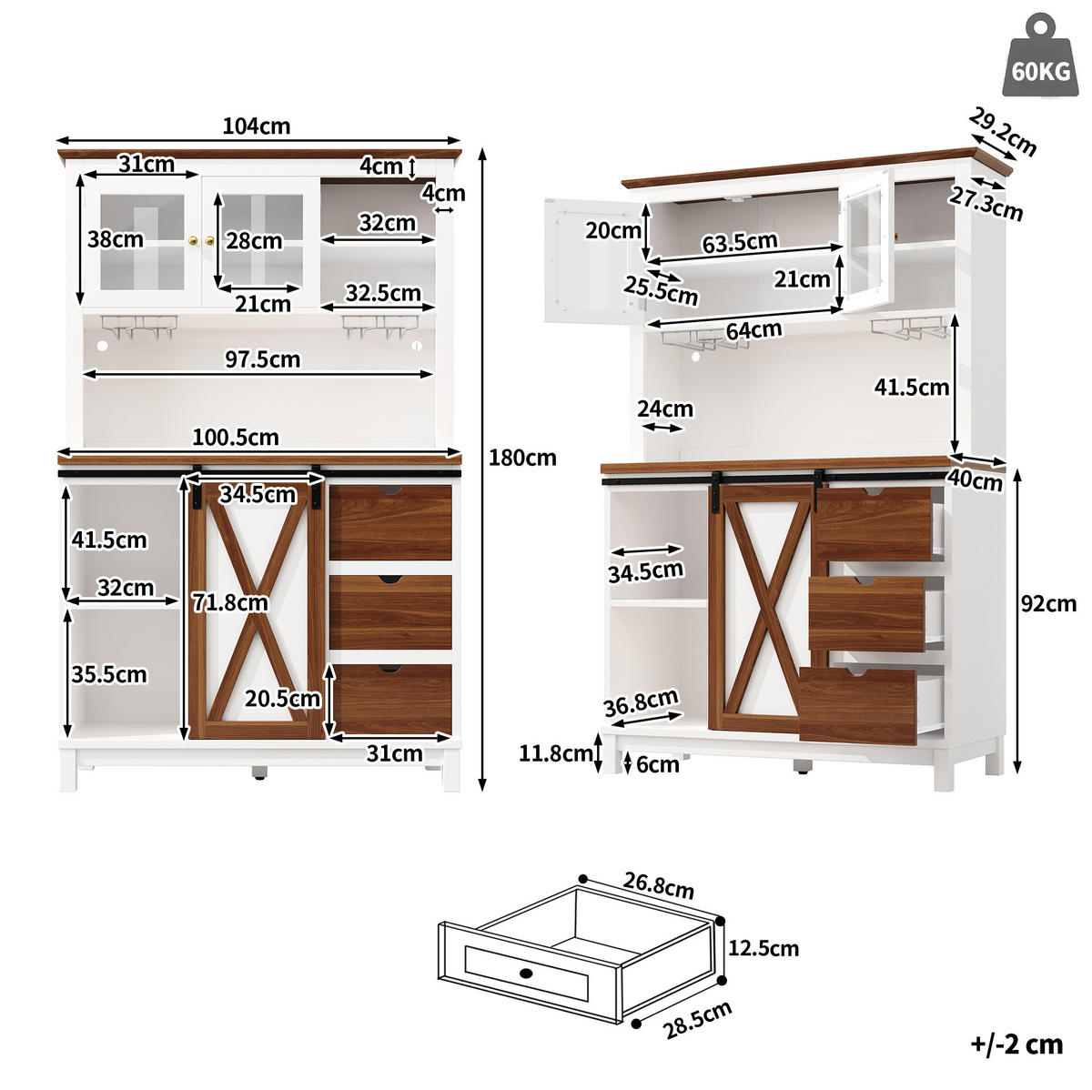BUFFET 104/40/180 cm aus MDF, Metall und Glas mit LED-Beleuchtung und Schiebetür Weiß - Weiß, Holzwerkstoff (104/180/40cm) - Modenvie