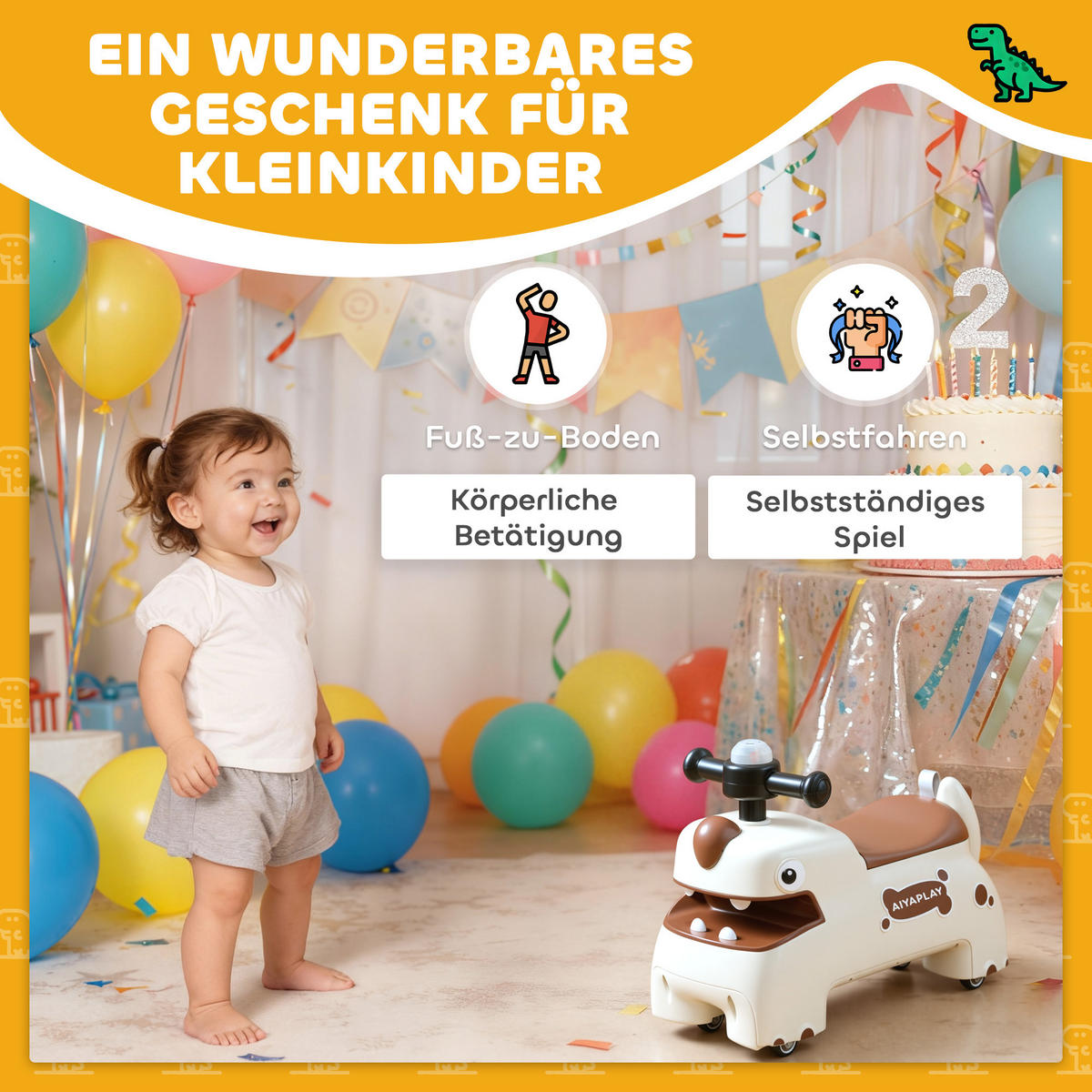 RUTSCHAUTO im Dinosaurier-Form Rutschfahrzeug mit Stauraum unter Sitz, Licht - Creme, Kunststoff (52/24/38cm) - AIYAPLAY