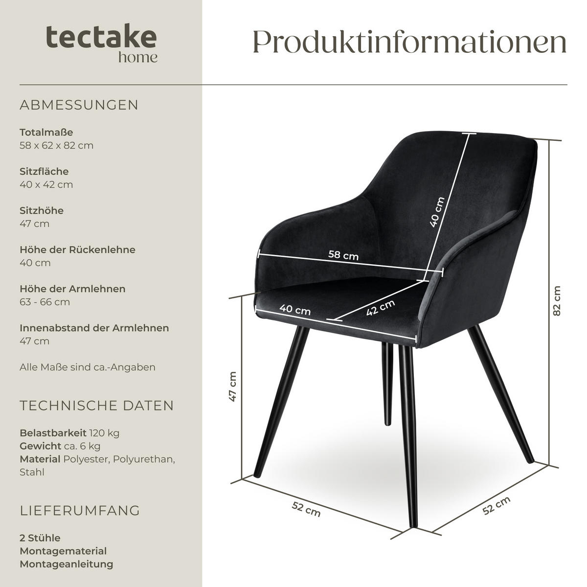 ESSZIMMERSTUHL 2er Set Marilyn 58 x 62 x 82 cm schwarz - Schwarz, Textil (58/82/62cm) - tectake