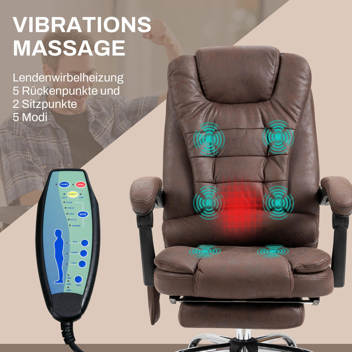 BÜROSTUHL mit Massagefunktion, Ergonomisch Schreibtischstuhl mit Liegefunktion - Silberfarben/Braun, Kunststoff/Textil (70/119/65cm) - Vinsetto