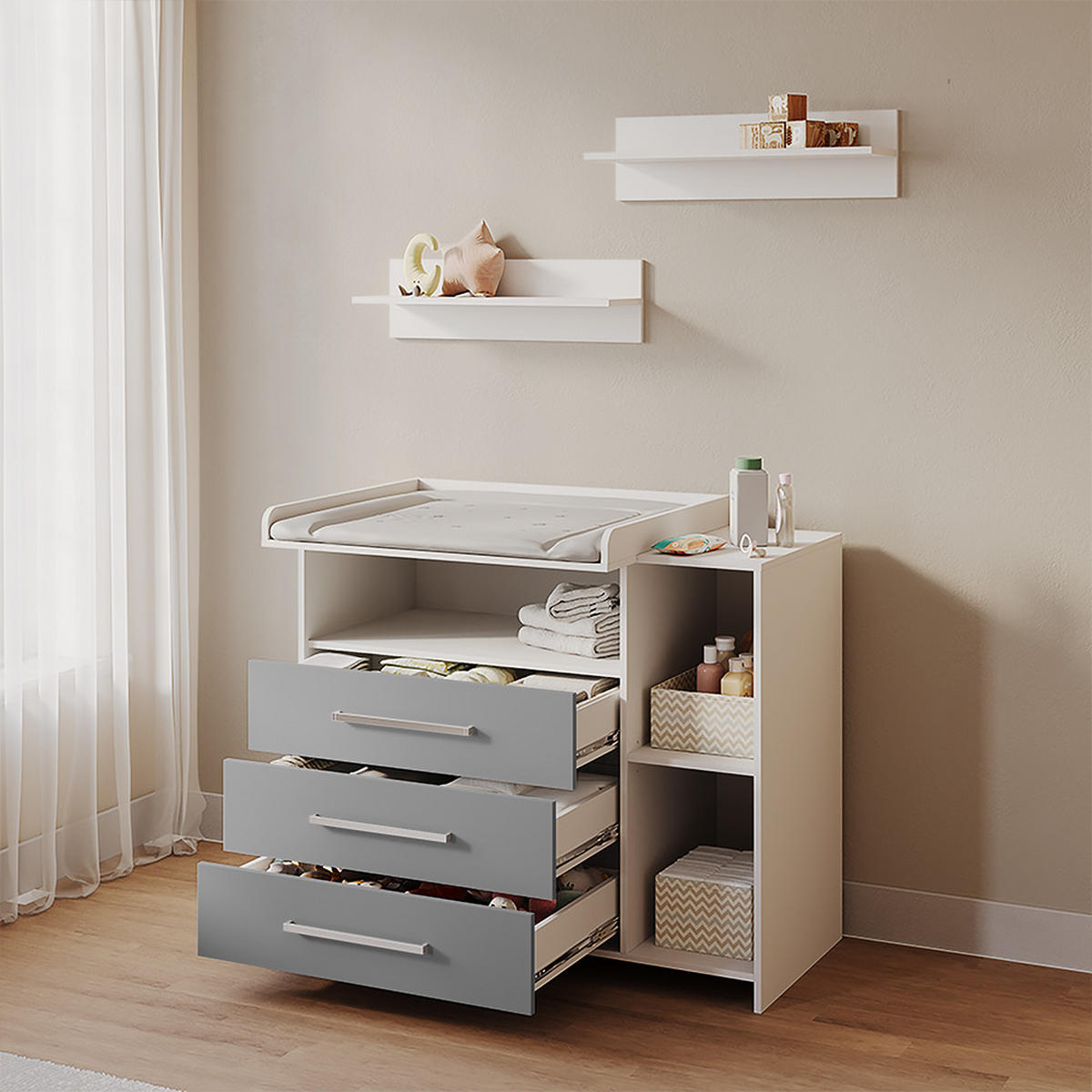 WICKELKOMMODE Torino Weiß/Grau mit Schubladen - Weiß/Grau, Holzwerkstoff (113/100/53cm) - Livinity®