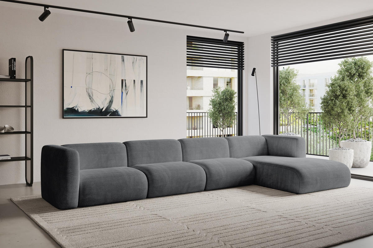ECKSOFA Ottomane Rechts MIRA-L3 409x179x70 Dunkelgrau Cord - Dunkelgrau/Schwarz, Holzwerkstoff/Kunststoff (409/179cm) - ALTDECOR
