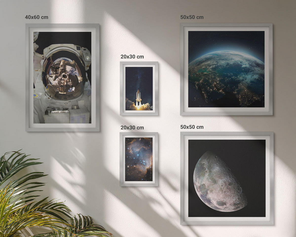 BILDER SET 5er Set - 50x50 cm & 20x30 cm & 40x60 cm Silberner Rahmen - Weltraum Erde Rakete Galaxie - Silberfarben, Kunststoff (40/60cm) - TULUP