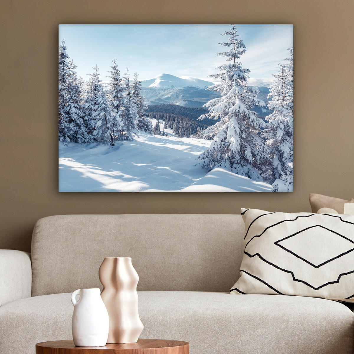 LEINWANDBILD Winterlandschaft - Natur - Berge - Bäume - Schnee Wandbilder 80x60 cm - Hellblau, Textil (80/60cm) - MuchoWow