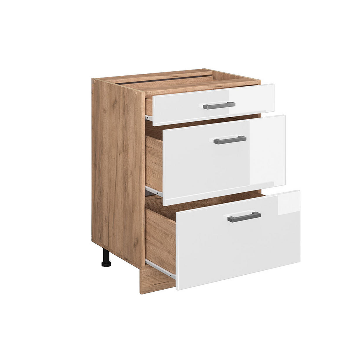 KÜCHENUNTERSCHRANK R-Line Weiß Hochglanz 60 cm mit Schubladen, ohne AP - Weiß Hochglanz/Eiche Wotan, Holzwerkstoff (60/81.6/46cm) - Vicco