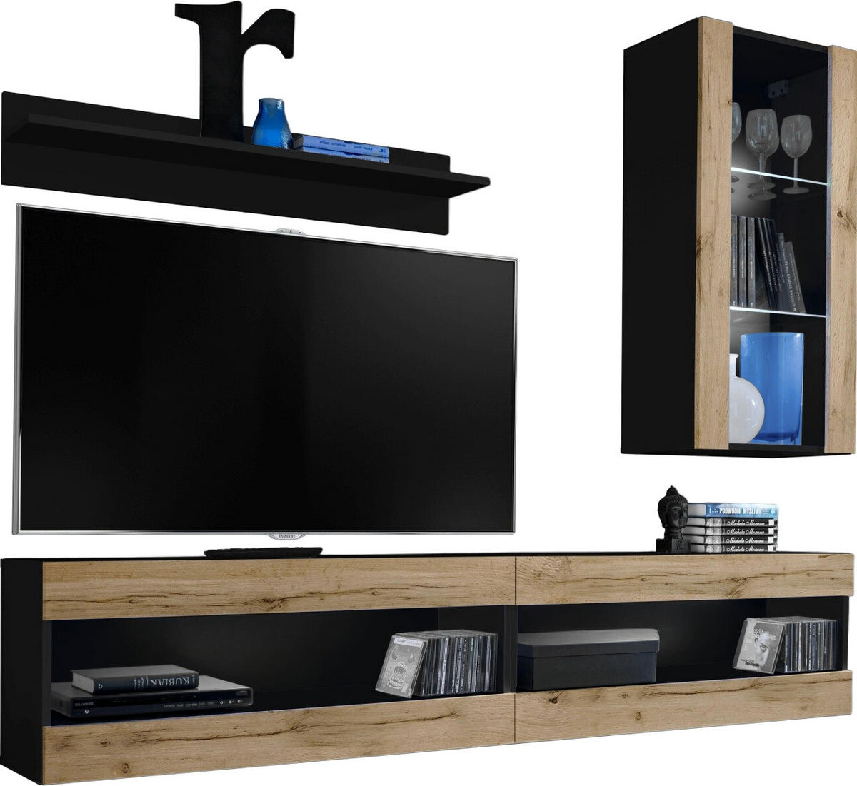 WOHNWAND 4-er Set, TIVOLI SET5 Schwarz + Wotan, Offener Raum - Schwarz/Braun, Glas/Holzwerkstoff (240/195/35cm) - Komodee
