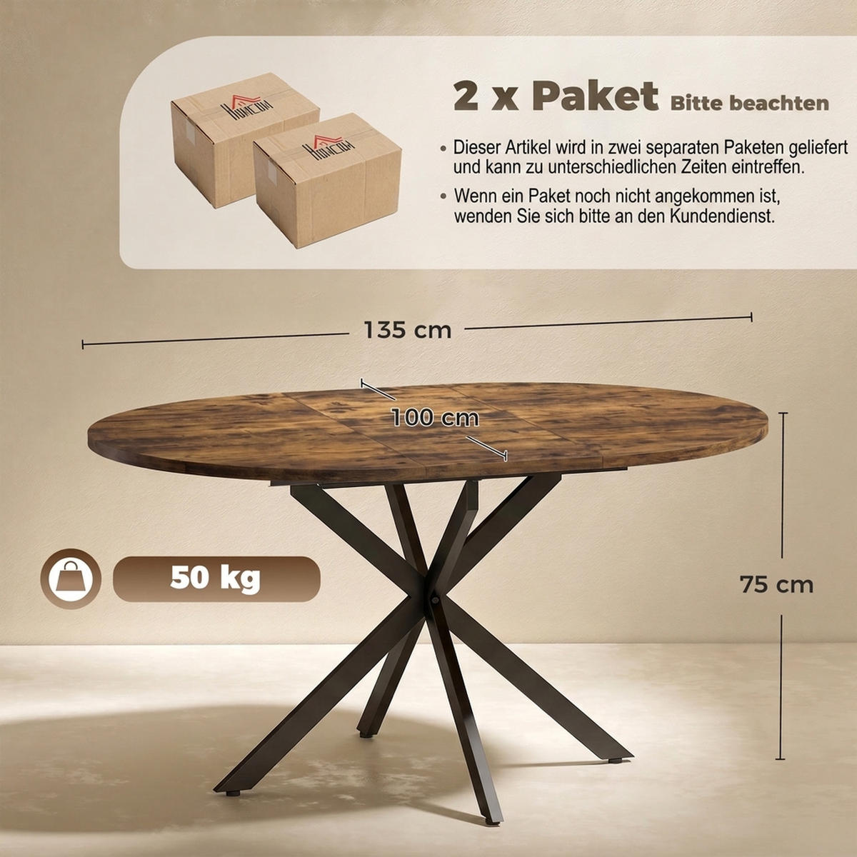 ESSTISCH Braun ausziehbar 135/100/75 cm - Braun, Metall (135/100/75cm) - PANGIVO