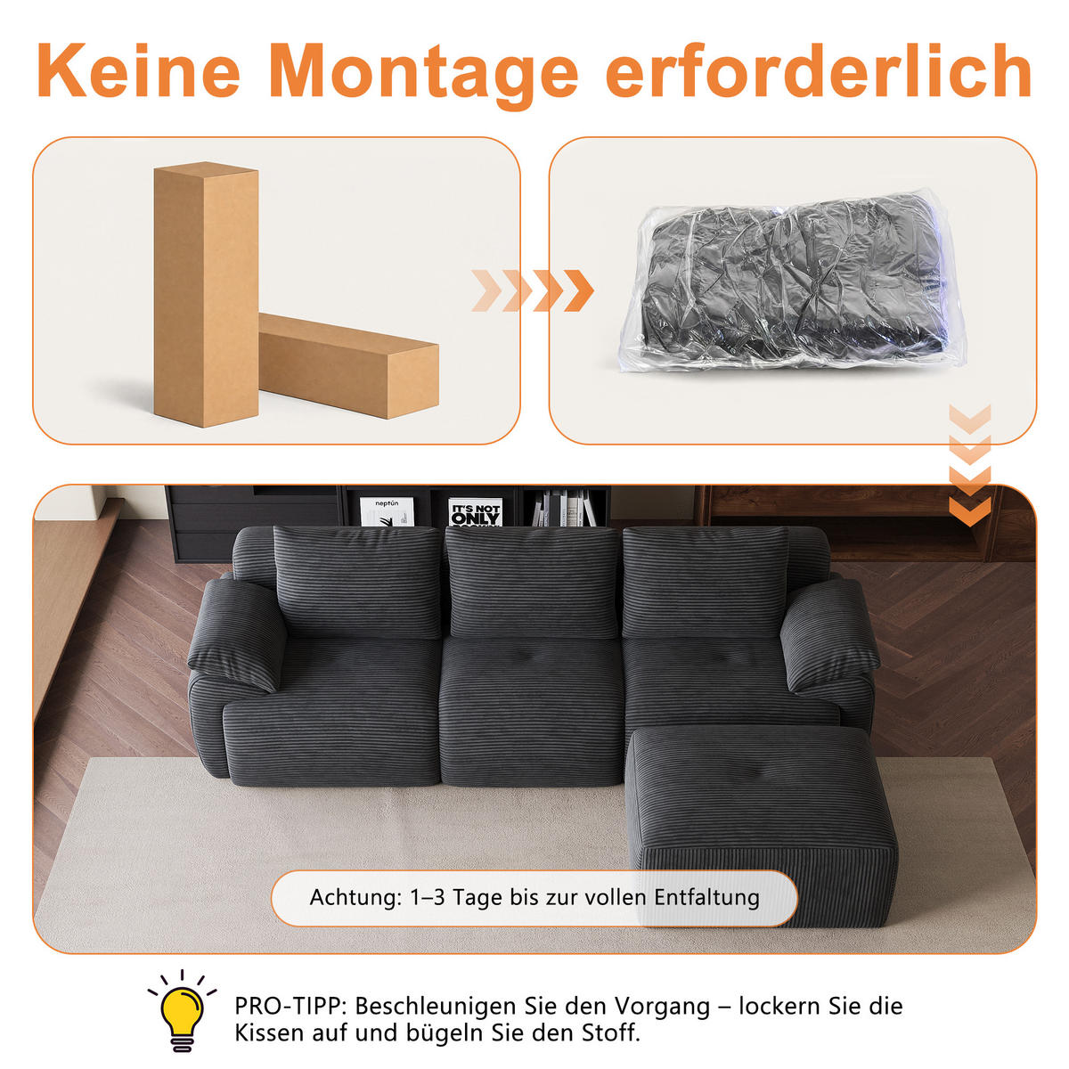 ECKSOFA,3-SITZER-SOFA,CORDSTOFF Stoffsofa L Form mit Hocker,Dunkelgrau - Grau, Textil (264/89cm) - PARAFTA HOME