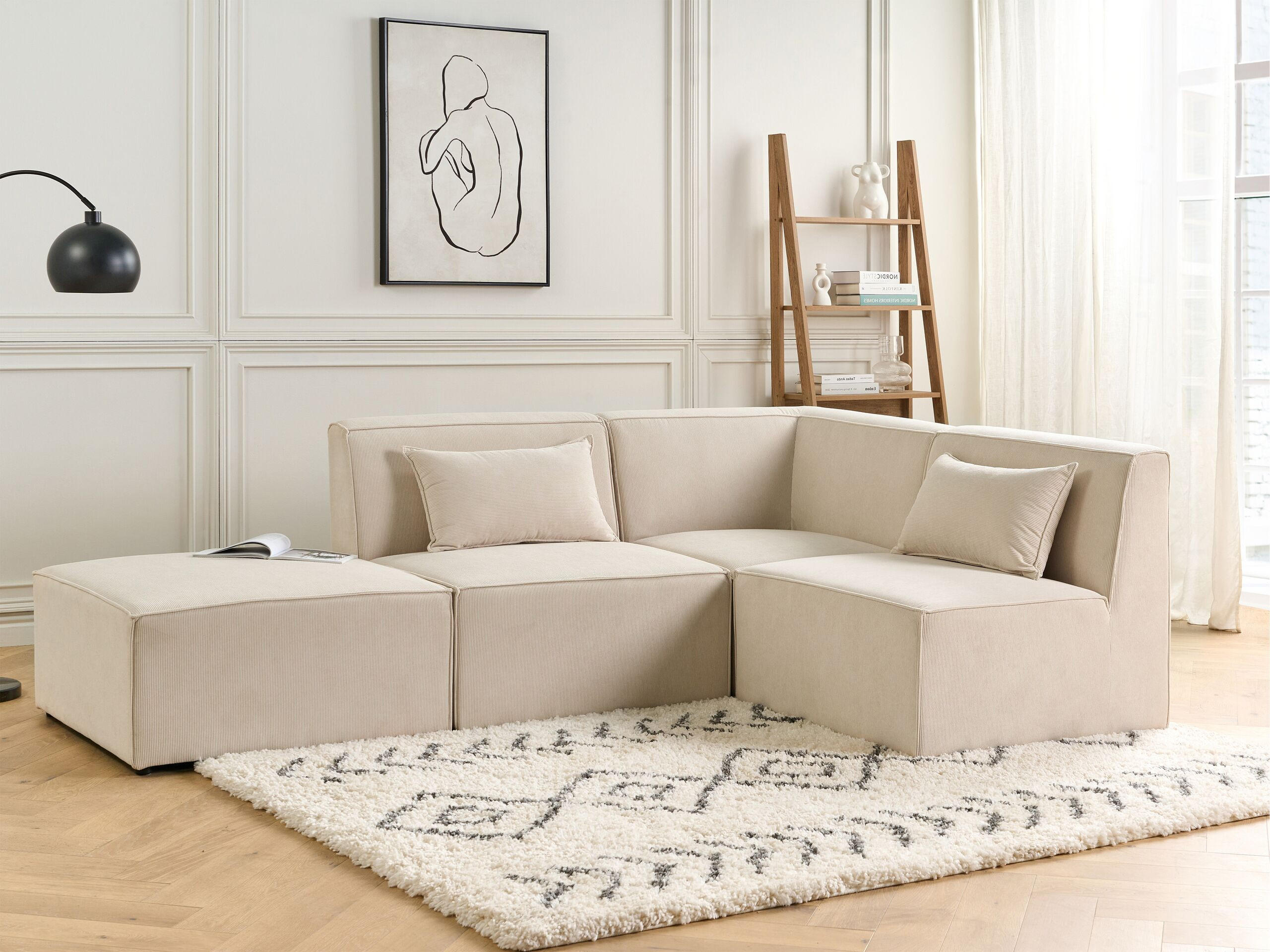 3-SITZER-ECKSOFA Cord hellbeige rechtsseitig mit Ottomane Lemvig - Beige, Textil (250/166cm) - Beliani