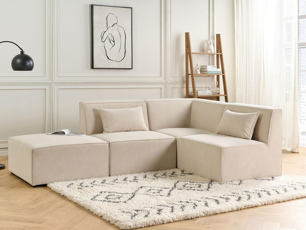 3-SITZER-ECKSOFA Cord hellbeige rechtsseitig mit Ottomane Lemvig - Beige, Textil (250/166cm) - Beliani