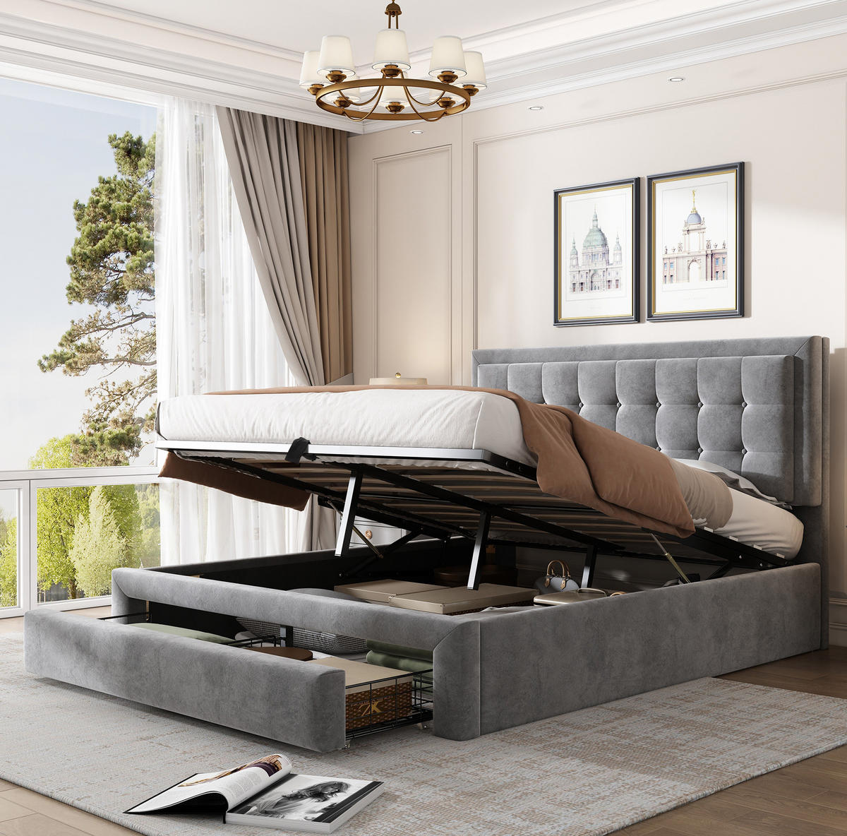 POLSTERBETT 140/190 cm grau aus Samt mit Stauraum und verstellbarem Kopfteil - Grau, Textil (140/190cm) - OKWISH