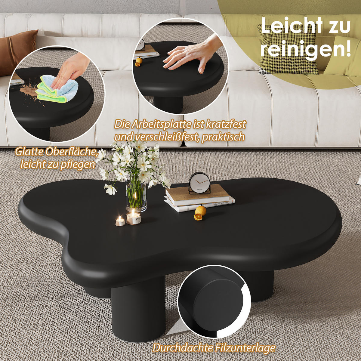 COUCHTISCH Wolkenform 97/67/32 cm Schwarz aus MDF mit Filzgleitern lackiert - Schwarz, Holzwerkstoff (97/67/32cm) - OKWISH