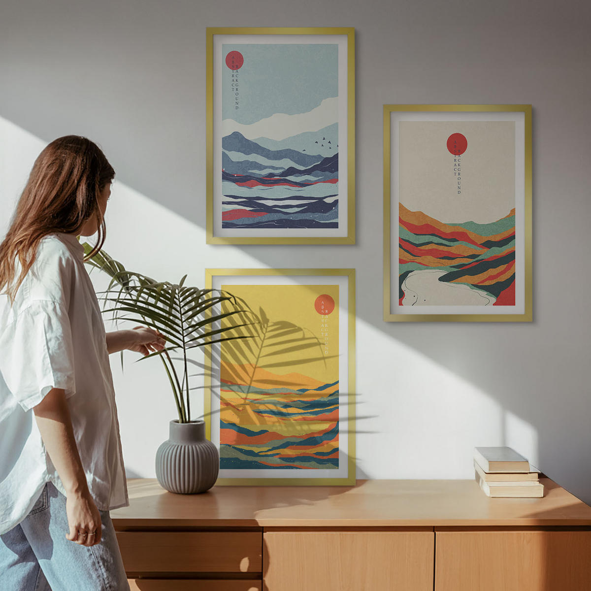 BILDER SET 3er Set - 40x60 cm Goldrahmen - Abstraktion von farbenfrohen Bergen und Flüssen - Goldfarben, Kunststoff (40/60cm) - TULUP