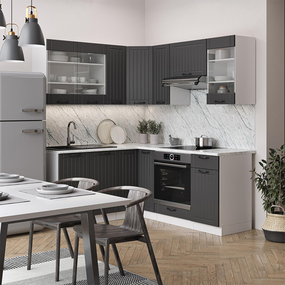 ECKKÜCHE Fame-Line Anthrazit Landhaus/Weiß 160 x 60 cm ohne AP - Dunkelgrau/Weiß, Holzwerkstoff (190/81.6/46cm) - Vicco