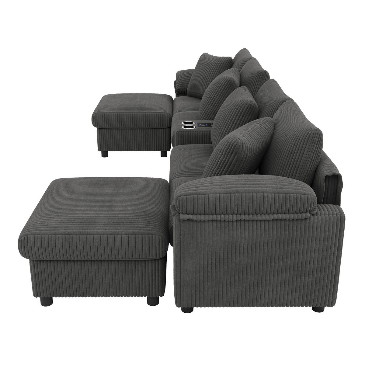 WOHNLANDSCHAFT Cord Grau mit Stauraum, Bluetooth, USB, Type-C und Getränkehaltern - Grau, Holzwerkstoff/Kunststoff (315.5/84.5/144cm) - WISHDOR