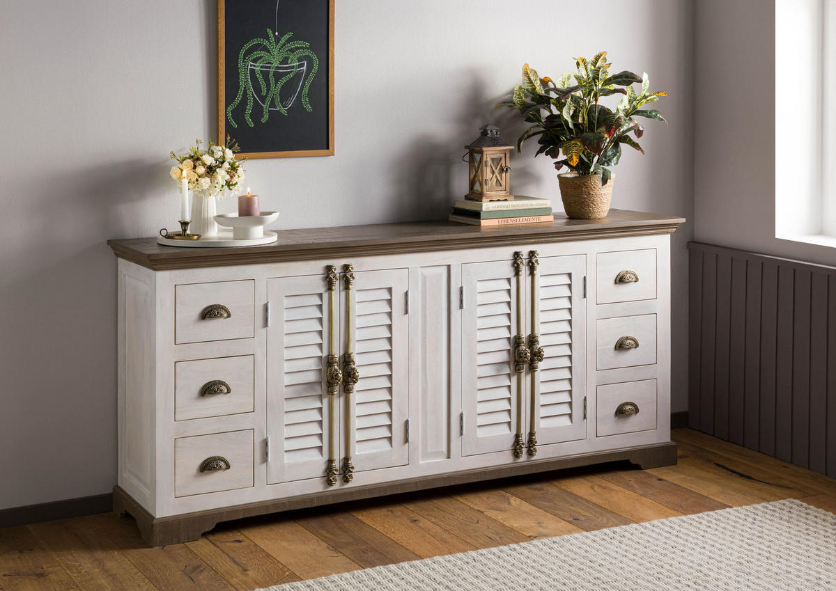 SIDEBOARD Mango 200x45x90 weiß lackiert TOULOUSE #117 - Weiß, Holzwerkstoff (200/90/45cm) - Massivmoebel24