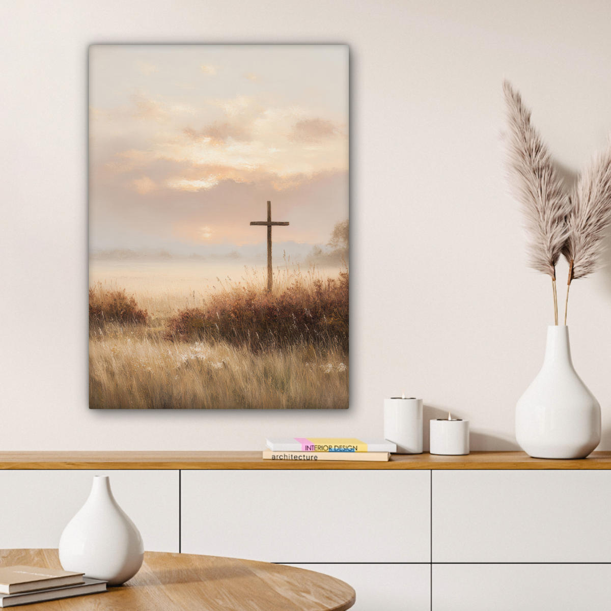 LEINWANDBILD Gras - Morgennebel - Kreuz - Christentum Wandbild Wohnzimmer 60x80 cm - Beige, Textil (60/80cm) - MuchoWow