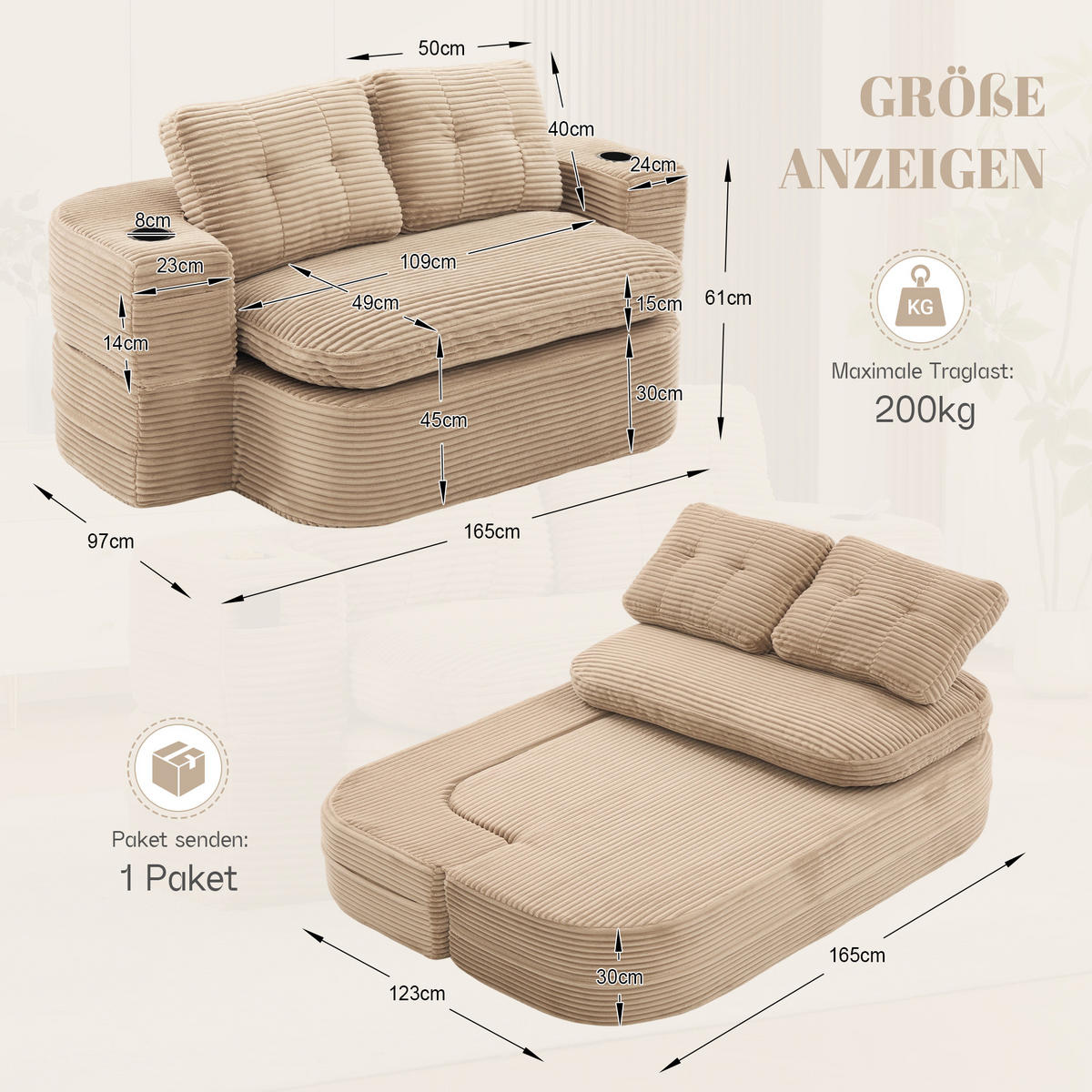 SOFA mit Liegefunktion, Getränkehaltern und verstellbaren Armlehnen in Khaki - Taupe, Textil (165/61/97cm) - EVRYAE