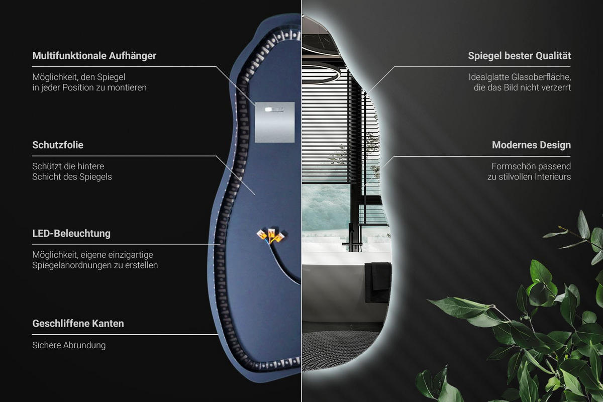 LED-SPIEGEL 40x80 cm Asymmetrisch Kaltweiß 6000K - Blau, Glas (40/80/0.4cm) - Wallfluent