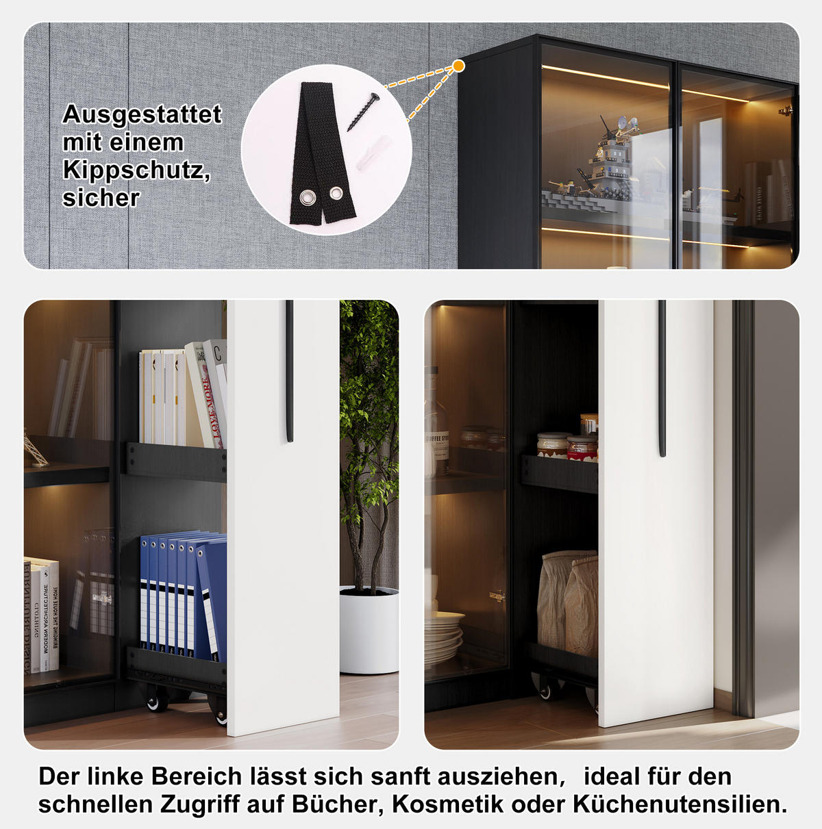 VITRINE 110.5/35/160 cm schwarz/weiß aus MDF mit LED-Beleuchtung - Schwarz, Holzwerkstoff (35/160/110.5cm) - OKMYHOME