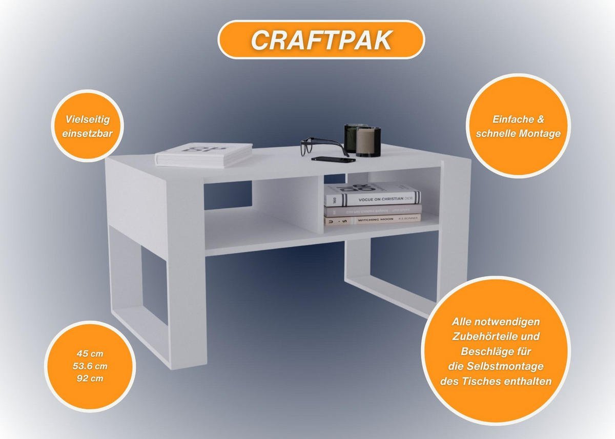 COUCHTISCH Holzwerkstoff rechteckig stabil Weiß 45/53,6/92cm - Weiß, Holzwerkstoff (53.6/92/45cm) - CraftPAK