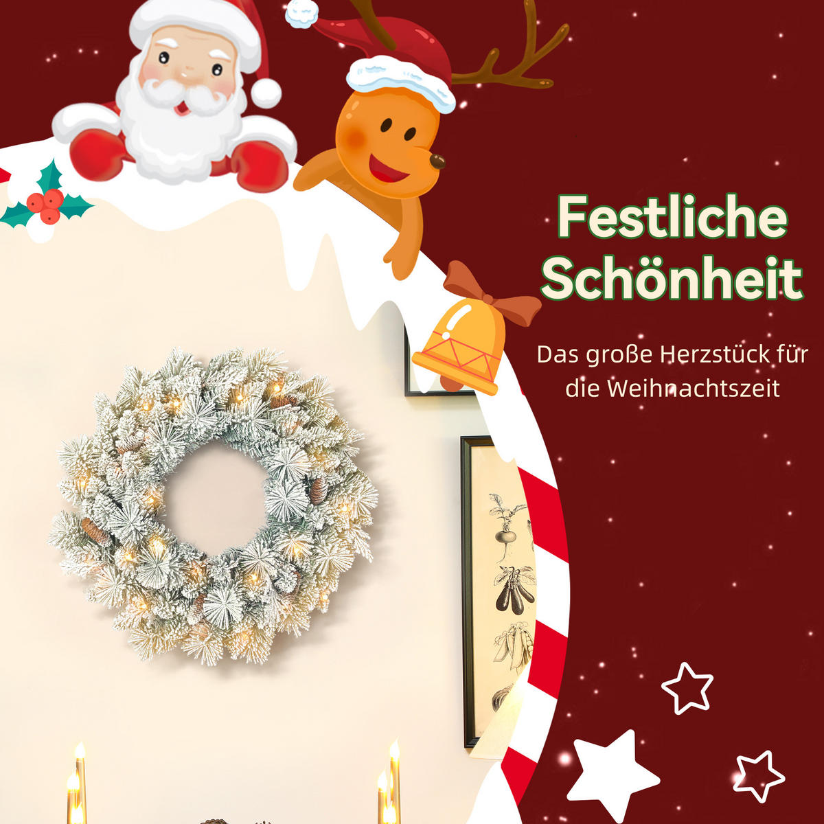 TANNENKRANZ Weihnachtskranz mit LED-Lichterkette, Tannenzapfen, Türkranz - Weiß, Kunststoff (60/8/60cm) - HOMCOM