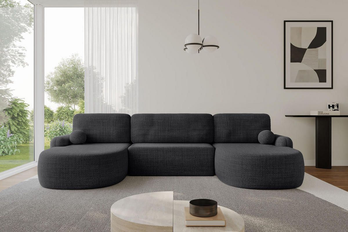 WOHNLANDSCHAFT mit Schlaffunktion und Bettkasten LIRA-U - 335x172x89 Schwarz - Schwarz, Holzwerkstoff/Textil (335/89/172cm) - ALTDECOR