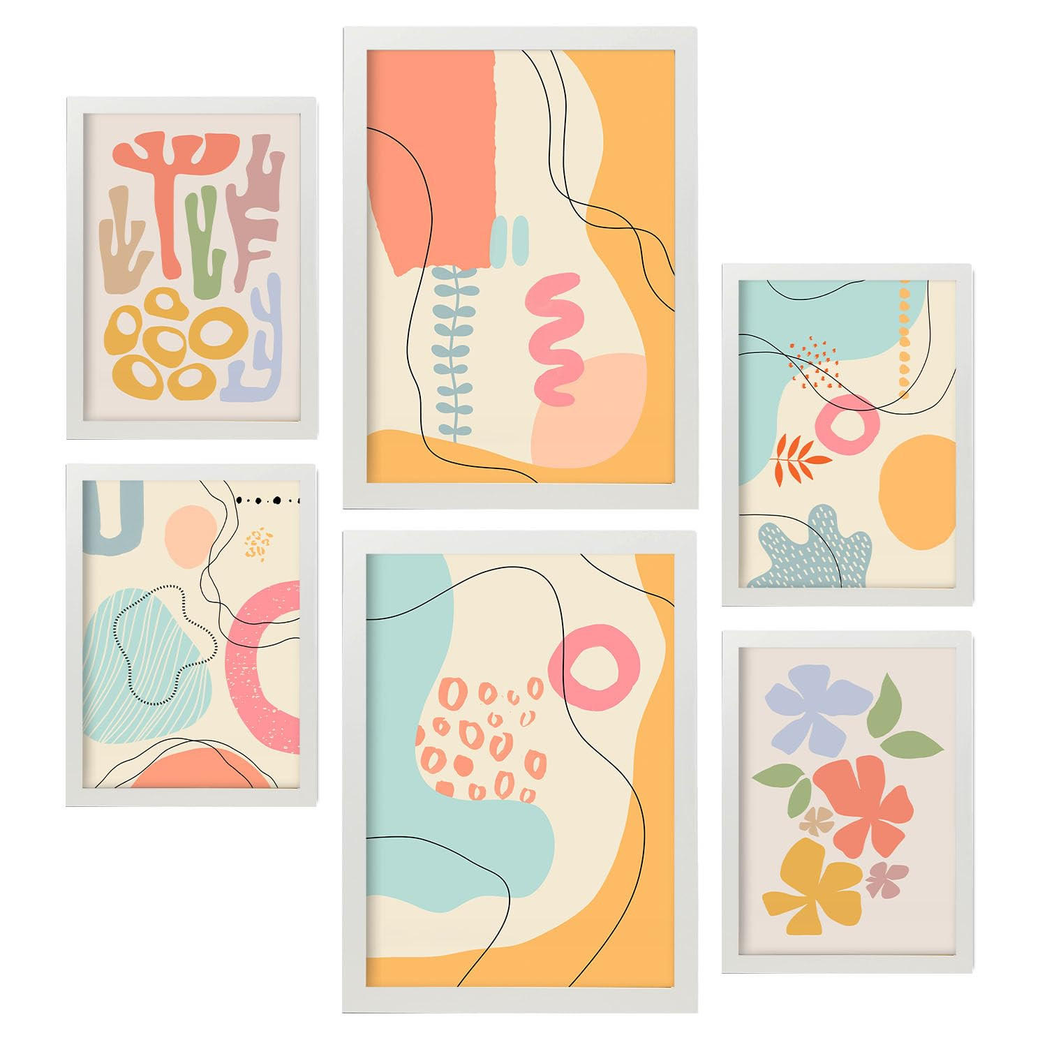 POSTER Set Mit 6 Crasis Rahmen In Blume Zusammenfassung A3 & A4 Weißer Rahmen - Weiß, Papier (29/3cm) - Nacnic