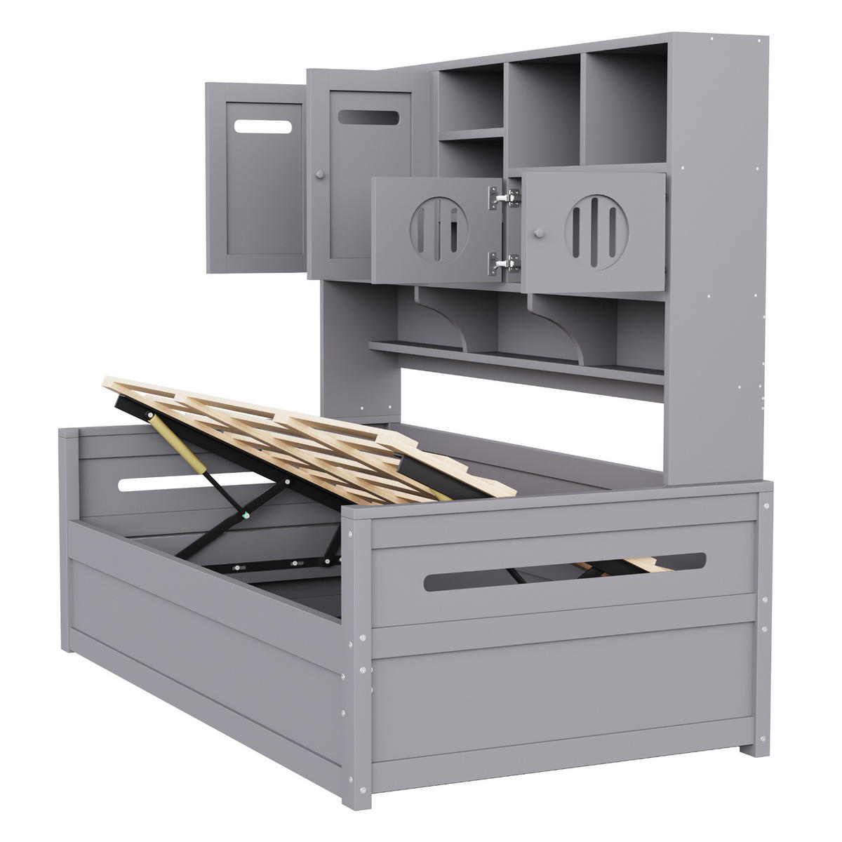 BETT 90/200 cm mit hydraulischem Bettmechanismus und Stauraum Grau Holz - Grau, Holz (90/200cm) - OKWISH