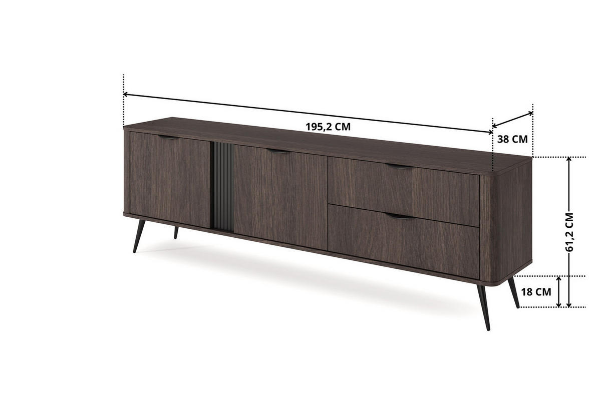 TV-LOWBOARD Terzo 2D 2S Eiche Dunin mit Rillendekor - Schwarz Metallfüße - Eichefarben/Schwarz, Holz/Holzwerkstoff (195/61/38cm) - Ravio