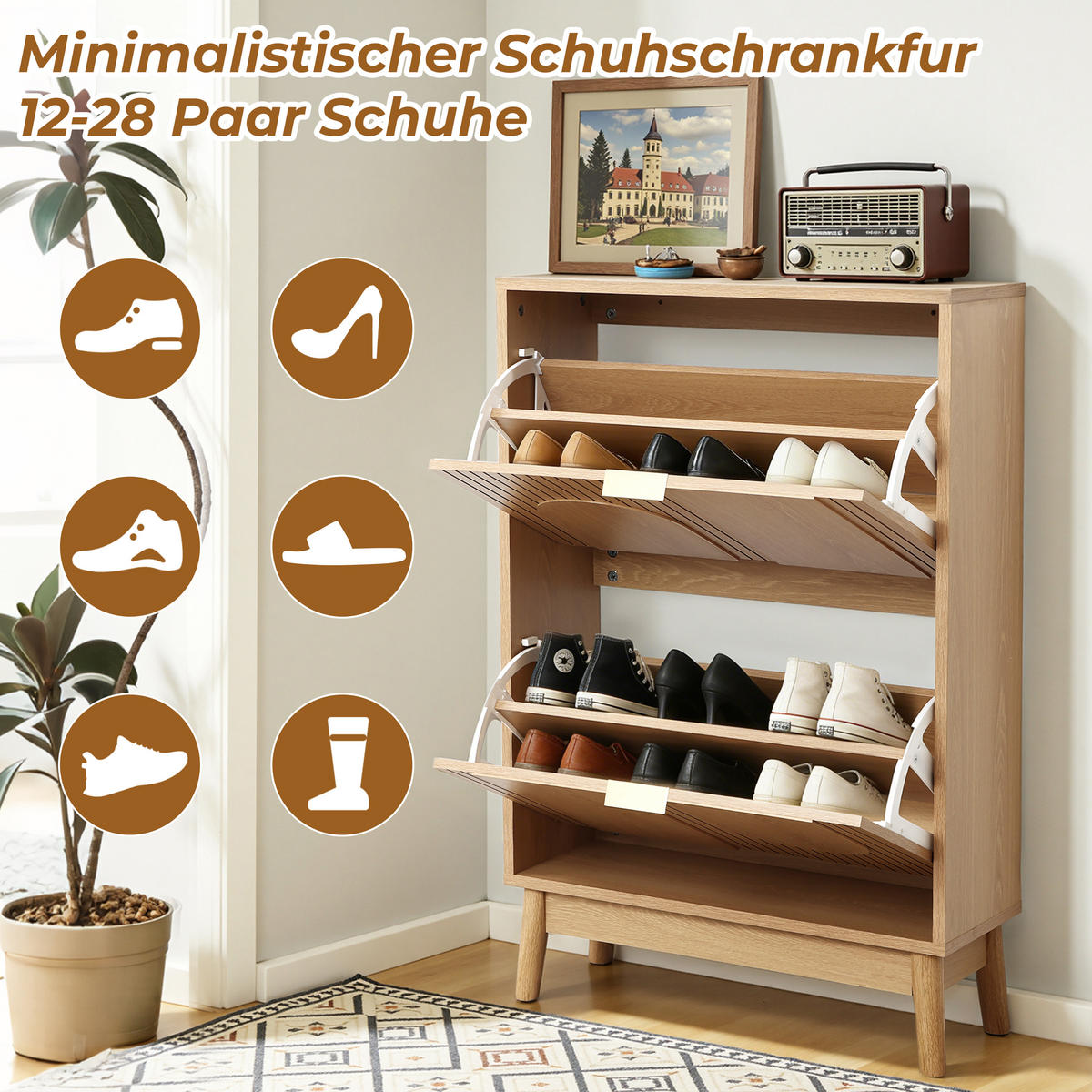 SCHUHSCHRANK | B60 x T24 x H92 cm - Eichefarben, Holzwerkstoff (60/92/23.5cm) - Hometopia