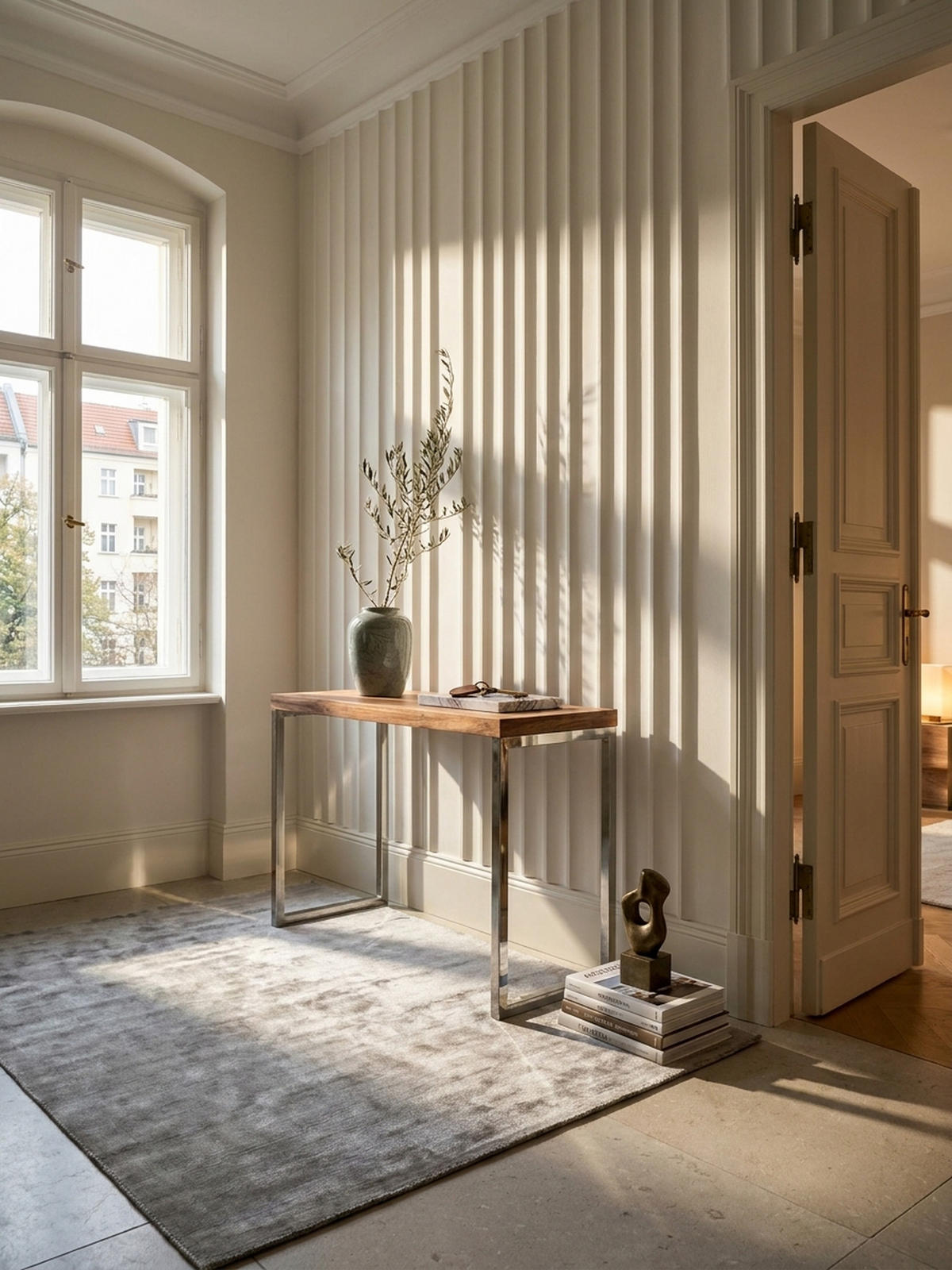 KONSOLENTISCH Massivholz Chromgestell Handgefertigt ISEN, Beige 120x45x77 cm - Beige/Silberfarben, Holz/Metall (45/120/77cm) - KADIMA DESIGN