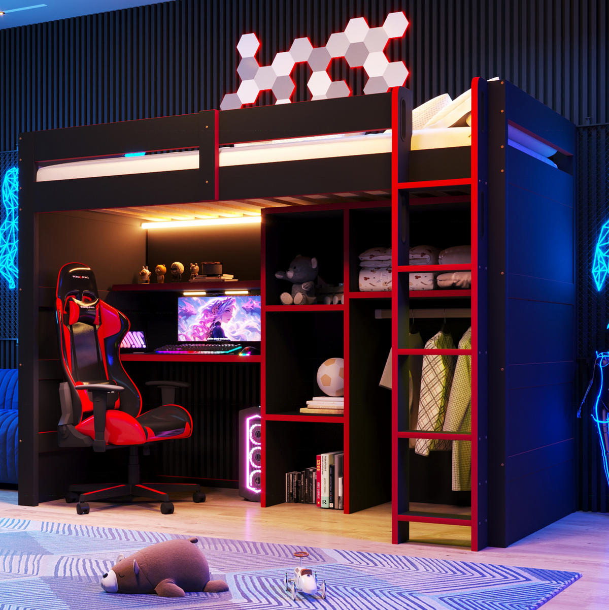 HOCHBETT aus MDF und Sperrholz 90x200 cm Schwarz/Rot mit Schreibtisch, Kleiderschrank und LED-Beleuchtung - Schwarz, Holzwerkstoff (90/200cm) - Modfu