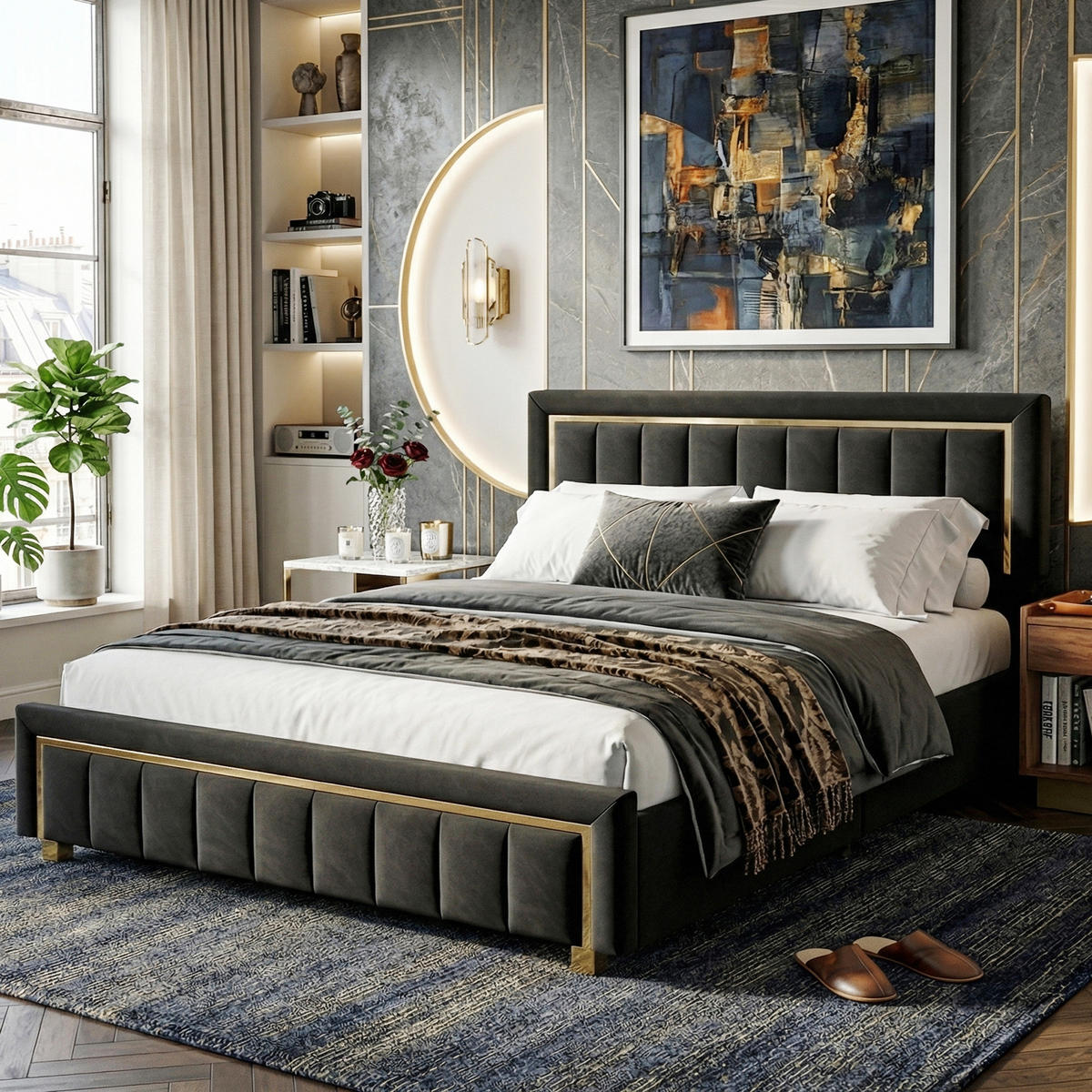 POLSTERBETT Eleganz 160/200 cm mit Bettkasten & Edelstahlrahmen Samtoptik Schwarz - Schwarz, Textil (160/200cm) - Creahappy