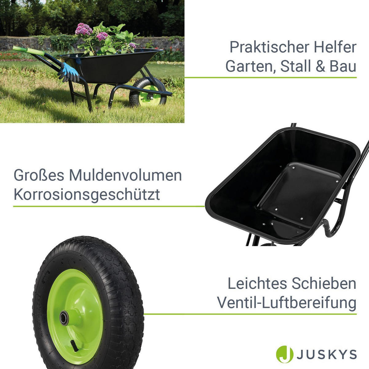 SCHUBKARRE Garden schwarz 100L mit Handschuhen - Schwarz, Metall (59/62/141cm) - Juskys