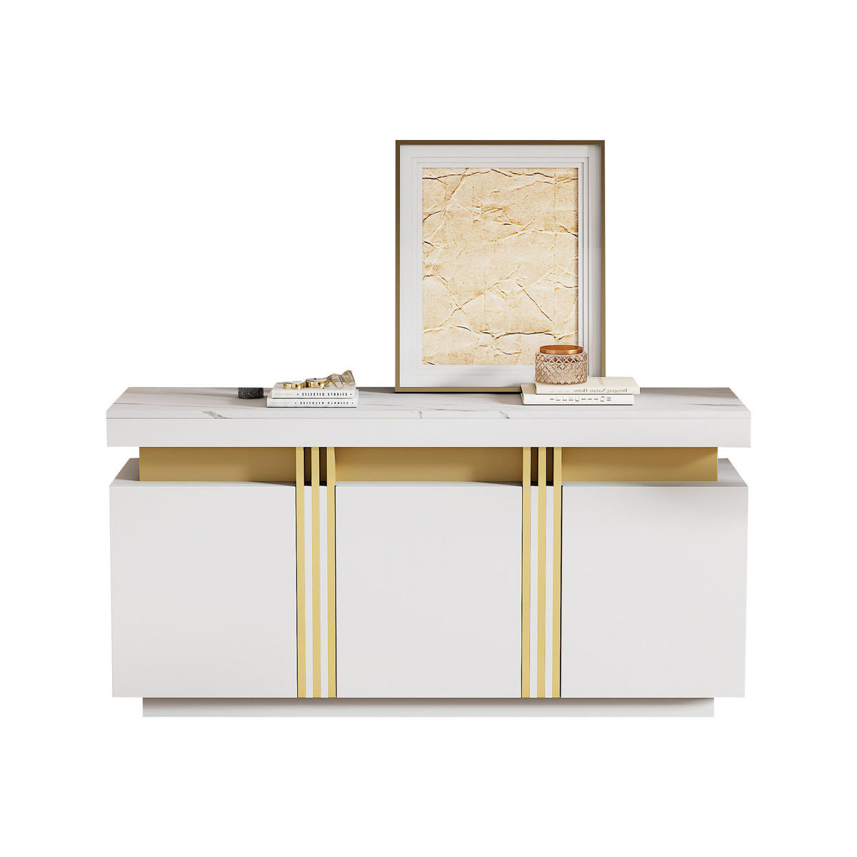 SIDEBOARD Weiß mit Marmor-Oberfläche und verstellbaren Einlegeböden 140 × 38 × 70 cm - Weiß, Holzwerkstoff (140/70/38cm) - Luhomfu