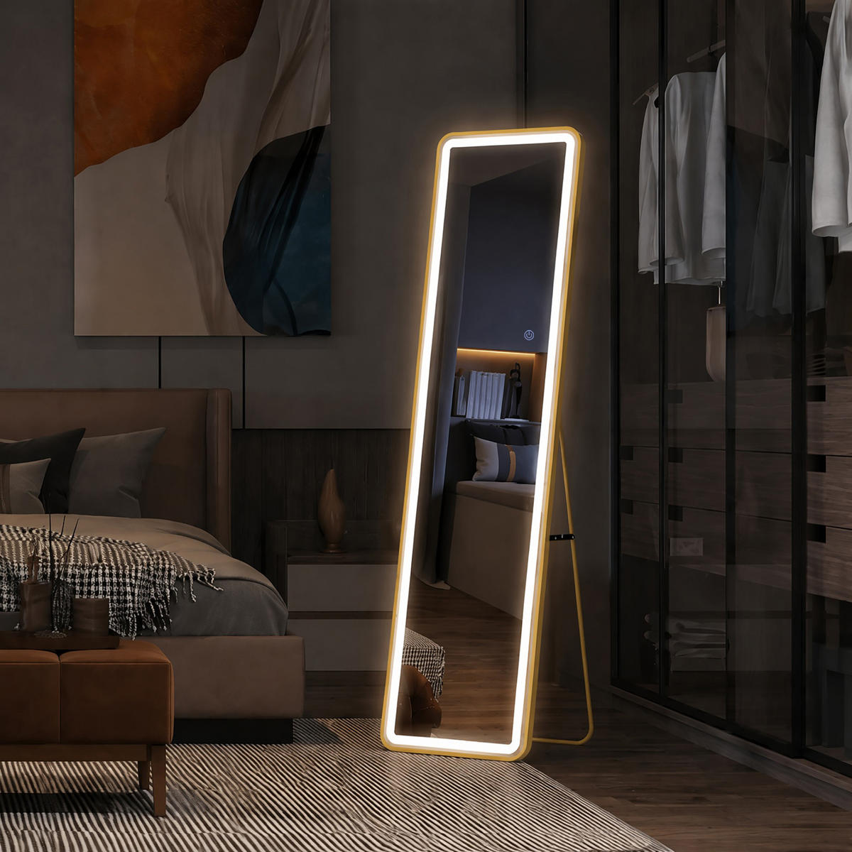 WANDSPIEGEL LED 150 x 40 cm aus Sicherheitsglas, abgerundete rechteckige Form, gold - Goldfarben, Metall (40/150/3cm)