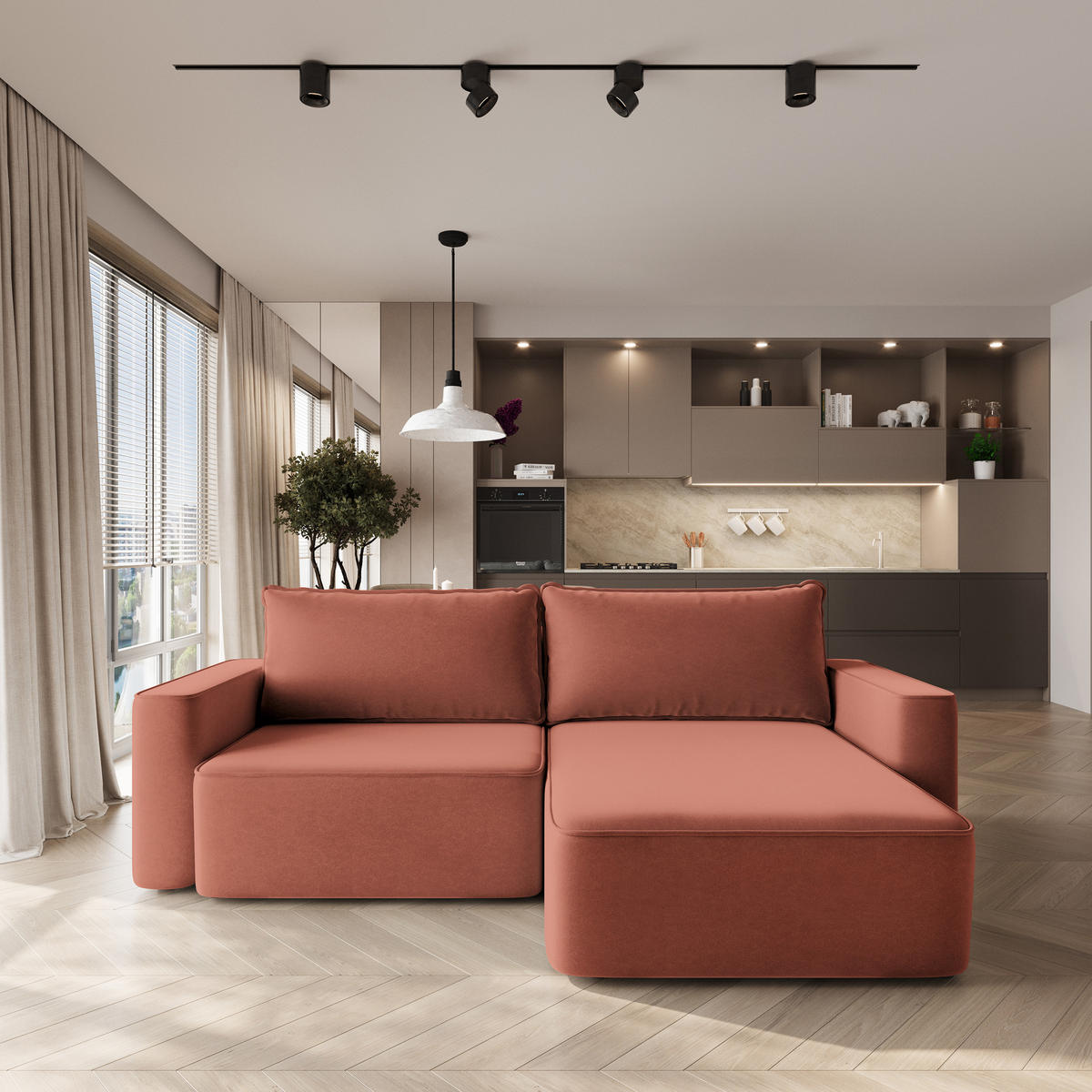 ECKSOFA BELISE CL Koralle Veloursstoff mit Schlaffunktion - Koralle, Holz/Textil (252/162cm) - MASSENO