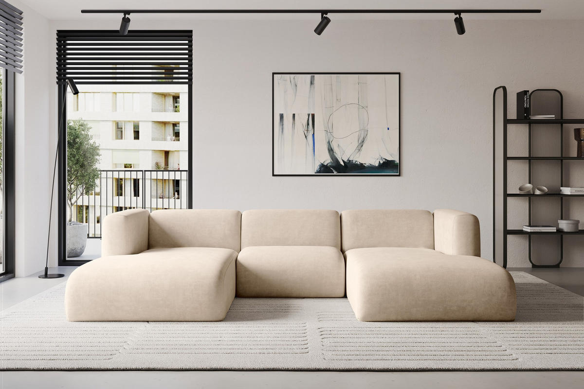 WOHNLANDSCHAFT MIRA-U1 317x179x70 Beige Velours - Greige/Beige, Holzwerkstoff/Kunststoff (317/70/179cm) - ALTDECOR